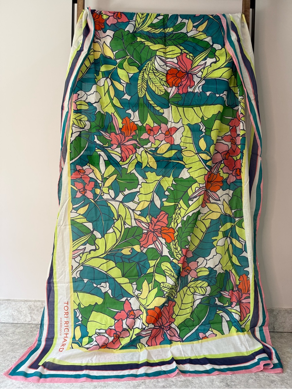 Tori Richard Tropical Floral Wrap in Green with Coral Accents